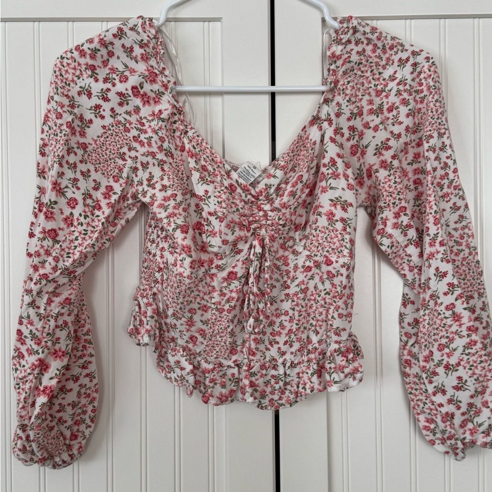 Japna Cropped Floral Blouse in Pink and White - Small